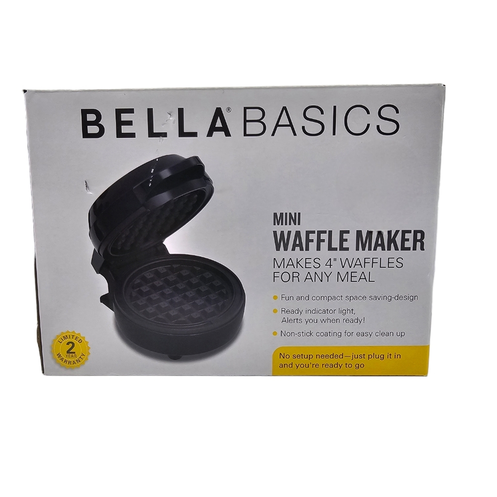 New In Box BellaBasics Black Mini Personal Electric Waffle Maker 4" For Any Meal